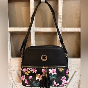 Tous Black Floral Crossbody Bag with Tassel and Gold Accent